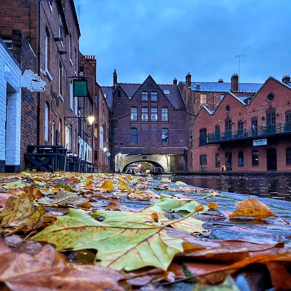 Gas Street Basin. Autumn Leaves. Birmingham. Canal. Travel Poster. Canal Scene. Canal Gift. Birmingham Gift. Canalware. Narrowboat gift..