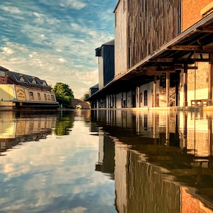 Reflections, Travel Poster, Coventry Canal Basin, Coventry canal, Narrowboat, Stunning Sky, Canal scene, Canal gift,  Coventry gift, River