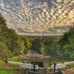 Bingley Five Rise Locks. Stunning Sky, Liverpool. Leeds, Canal, Canal Gift, Travel Poster, Canal scene, Boating, Canal ware, Waterways