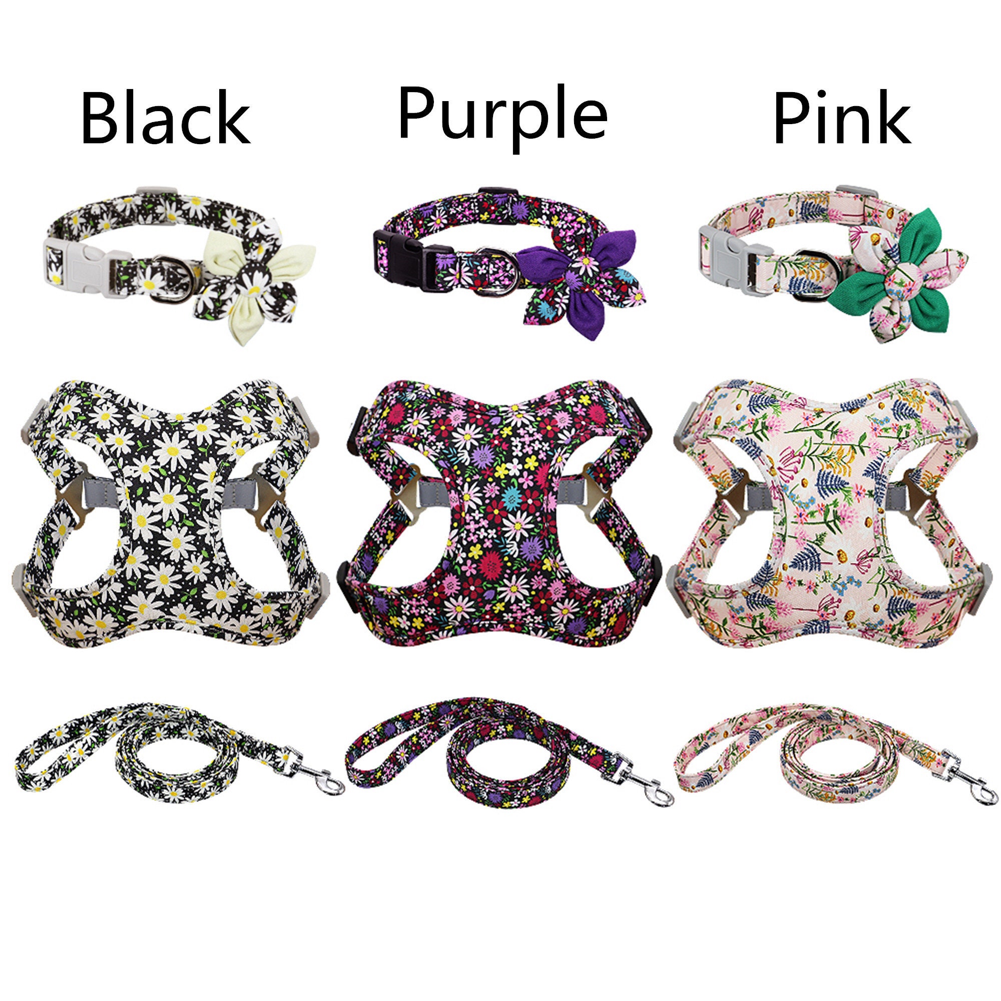 Flower Printed Dog Collar Harness Leash Set Nylon Small Medium Etsy