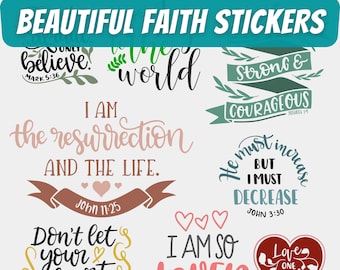 May include: 50 digital PNG stickers with Christian faith-based quotes and designs. The stickers feature phrases like "I am the resurrection and the life", "Strong and Courageous", and "Love one another".