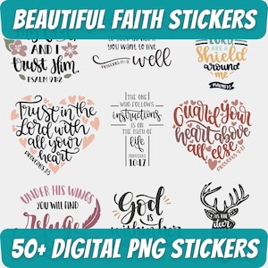 50+ FAITH QUOTES HQ Digital Stickers, Pre-cropped Digital Planner Christian Stickers, Scripture Printables, Motivational Christian Stickers