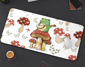 Cottagecore Frog Desk Mat, Cute Frog Musician Playing Guitar Desk Mat, Mushroom Desk Mat, Cottagecore Mushroom Desk Mat, Cute Desk Mat