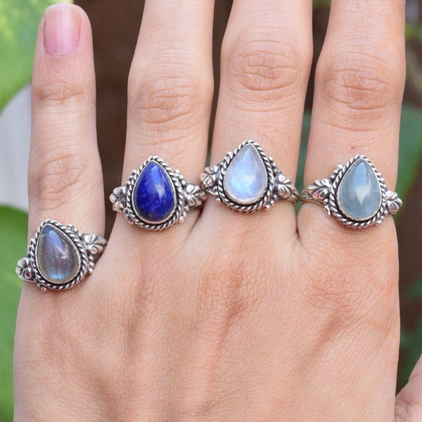 925 Sterling Silver Moonstone Designer Pear Shape Ring, Lapis, Aquamarine, Labradorite, Rainbow Moonstone Wedding Ring