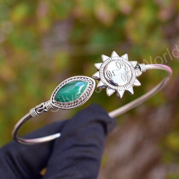 Green Malachite 925 Silver Sun Charm Bangle Adjustable Sterling Silver Handmade Bangle For Women