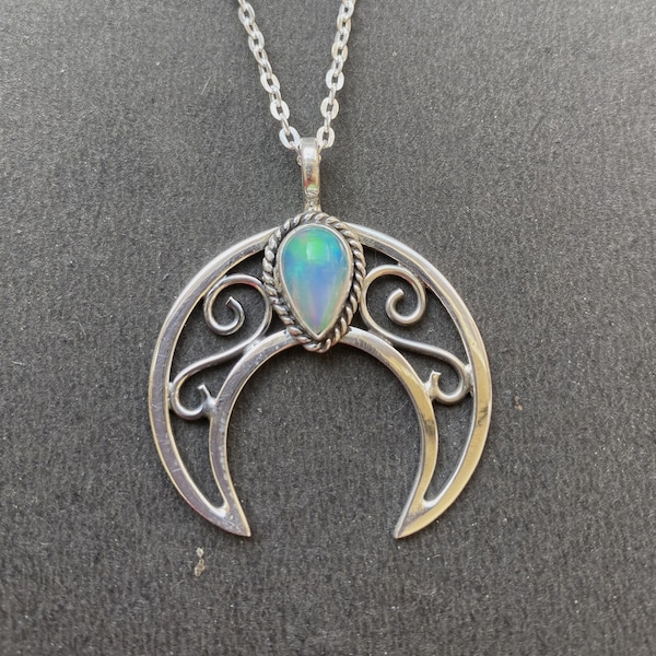 Ethiopian Welo Opal Crescent Moon Pendant, Gemstone Pendant, Pendant, 925 Sterling Silver Jewelry, Wedding Gift, Pendant For Her