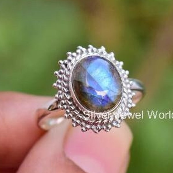 Blue Labradorite Ring, Gemstone Ring, Black Statement Ring, 925 Sterling Silver Jewelry, Anniversary Gift, Ring For Mother