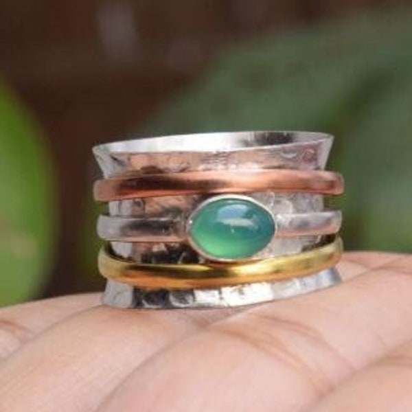 Green Onyx Silver Fidget Ring, Anxiety Ring Ring, Green Spinner Ring, 925 Sterling Silver Jewelry, Engagement Gift, Ring For Sister