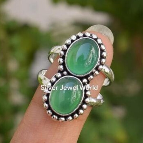 Green Onyx 925 Sterling Silver Two Stone Ring Ring, Gemstone Ring, Green Statement Ring, 925 Sterling Silver Jewelry, Birthday Gift