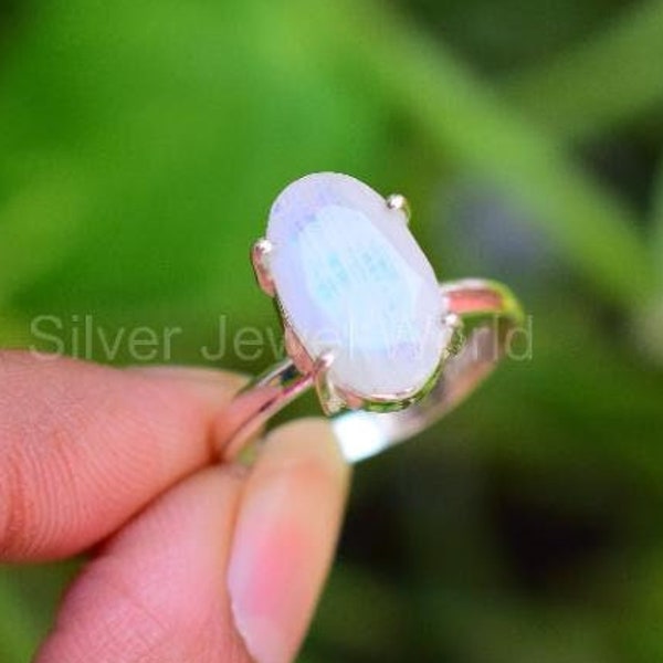White Rainbow Moonstone 925 Sterling Silver Ring Size 8, Gemstone Ring, White Statement Ring, 925 Sterling Silver Jewelry, Birthday Gift