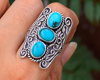 Turquoise Boho Ring Simple Dainty Turquoise Ring December Birthstone Natural Turquoise Gemstone Filigree Gypsy 925 Sterling Silver Ring