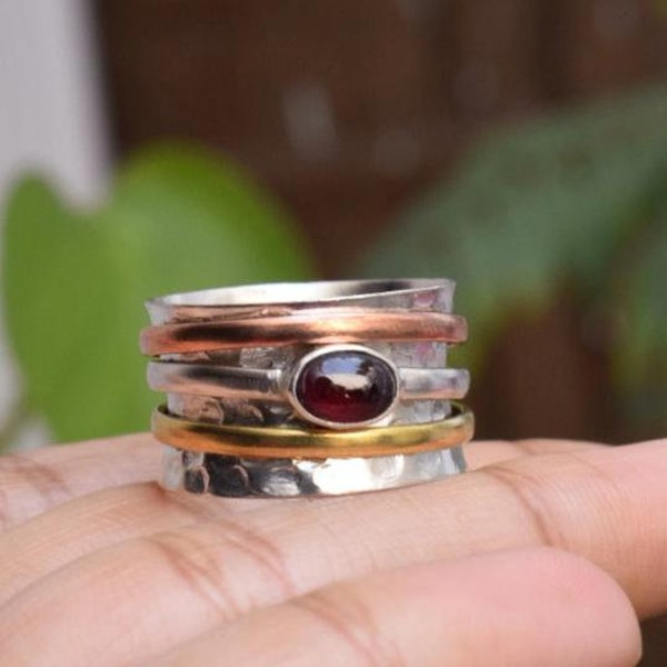 Red Garnet Fidget Ring, Anxiety Ring Ring, Gemstone Ring, Red Spinner Ring, 925 Sterling Silver Jewelry, Engagement Gift, Ring For Her