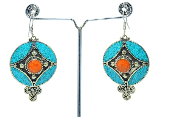 ethnic hook silver Tibetan cone Earrings blue turquoise cabochon and howlite stone bead women/'s fashion jewelry