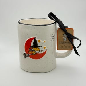 Woodstock Halloween mug by Rae Dunn | Peanuts Happy Halloween mug with Woodstock graphic broom flying | Great for Peanuts fans