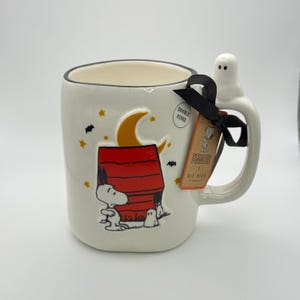 Spooked Snoopy Halloween mug by Rae Dunn | Snoopy boo! Halloween mug with a ceramic ghost on the handle | Perfect for boo baskets