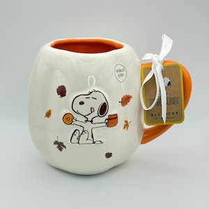 Snoopy Fall mug by Rae Dunn | Snoopy pumpkin shaped mug | Pumpkin spice Snoopy Fall mug | Snoopy fall boo basket stuffer