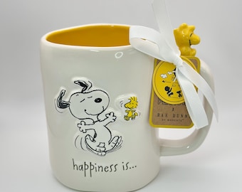Snoopy and Woodstock dancing mug by Rae Dunn | Happiness is mug with Woodstock on the handle