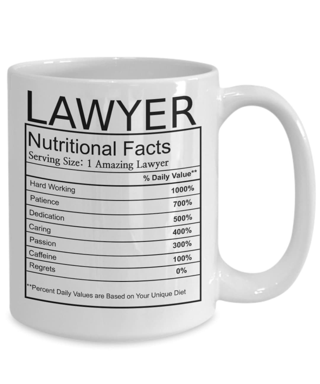 Lawyer Nutritional Facts Mug, Laywer Coffee Mug, Lawyer Nutrition Facts