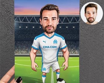 Affiche caricature foot personnalisée, caricature de footballeur, Portrait Football Personnalisé, cadeau sport pour lui,
