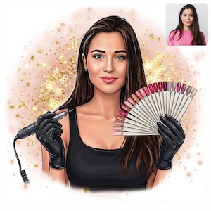 Peut inclure: Illustration d'une femme aux longs cheveux bruns, vêtue d'un débardeur noir et de gants noirs. Elle tient une perceuse à ongles dans une main et un éventail d'échantillons de couleurs de vernis à ongles dans l'autre. Le fond est rose avec des paillettes dorées.