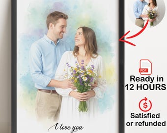 Portrait personnalisé à l'aquarelle, portrait de couple personnalisé, cadeau pour couple, cadeau d'anniversaire de mariage personnalisé, PDF