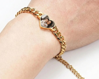 Bracelet cœur personnalisé avec photo, bracelet en acier inoxydable, cadeau d'anniversaire pour elle, bracelet personnalisé