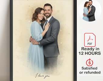 Portrait de couple, Illustration personnalisée, dessin à partir d'une photo, cadeau pour lui,  PDF