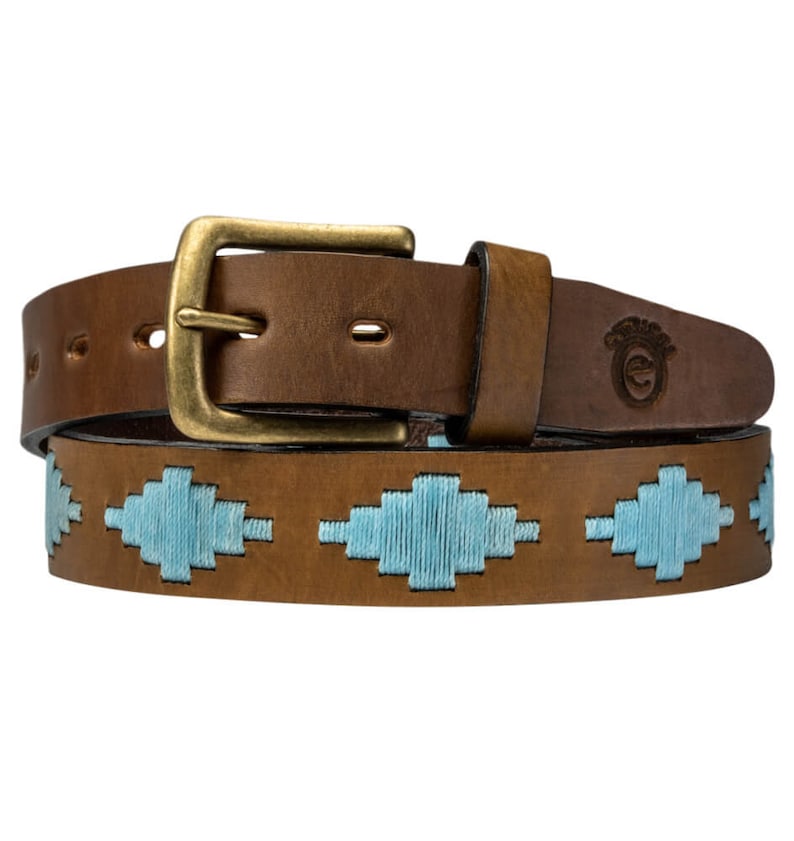Pu&ograve; includere: Una cintura in pelle marrone con fibbia in ottone e un design ricamato blu. La cintura ha un piccolo logo all'estremit&agrave;.
