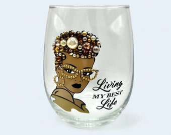 Melanin Diva Stemless Wine Glass, Rhinestone & Pearl Detail