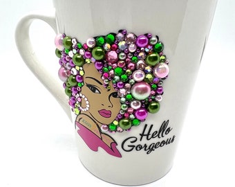 Bling Afro Woman Coffee Mug, Pink & Green Rhinestone Pearls, Personalized Diva Gift
