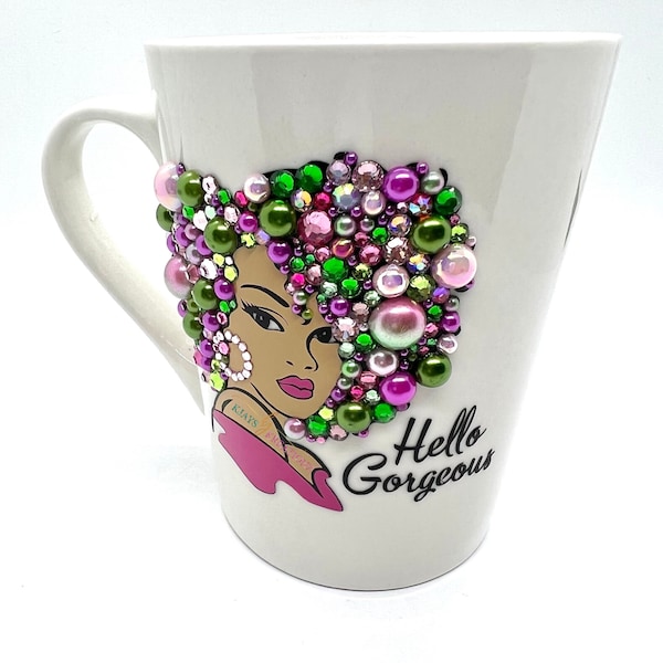 Hello Gorgeous, Pink & Green Afro Bling Queen, Sorority Inspired, Classy, Afro Woman, Coffee Mug, Diva, Personalized Gift, Sorority gift