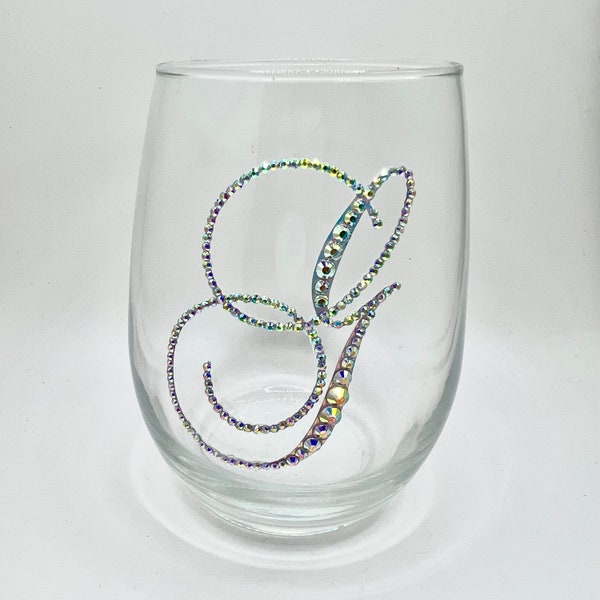 Bling Monogram Initial - Stemless Wine Glass - Personalized Gifts for Women and Men