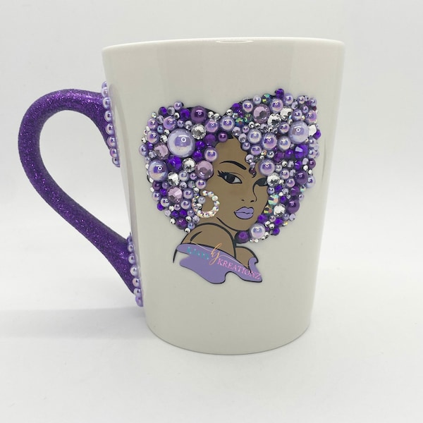 African American Bling Mug with Purple Glitter Handle, Personalized Gift for Coffee Lovers