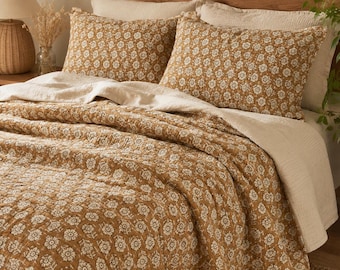 Handmade Mustard Yellow Indian Kantha Quilt – Floral Block Print Cotton Bedspread (King/Queen)