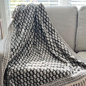 Hand Block Print Cotton Throw Blanket – Black Floral, Tassels, Boho Decor