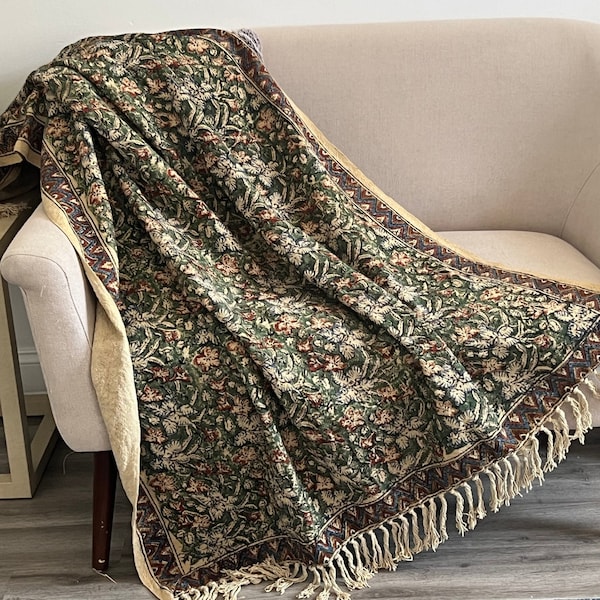 Vintage green floral blanket, Boho throw blanket, Boho home decor, Queen size blanket for bed, Woven blanket, Unique Handmade gift for home