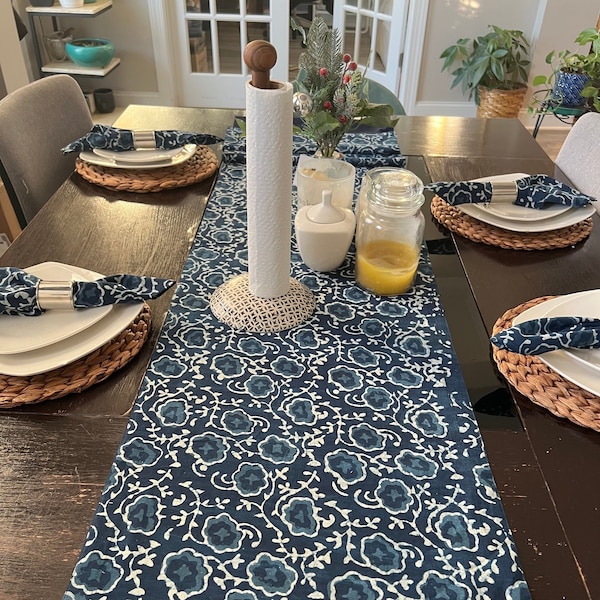 Block Printed Table Runner, Handmade Table Runner, Indian Block print Table Runner, Blue Table Runner and Placemat Set