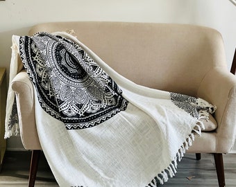 Boho Mandala Blanket, Boho Tapestry, Black and White Mandala Print,  Boho Blanket for Bed,  Woven Wall Decor