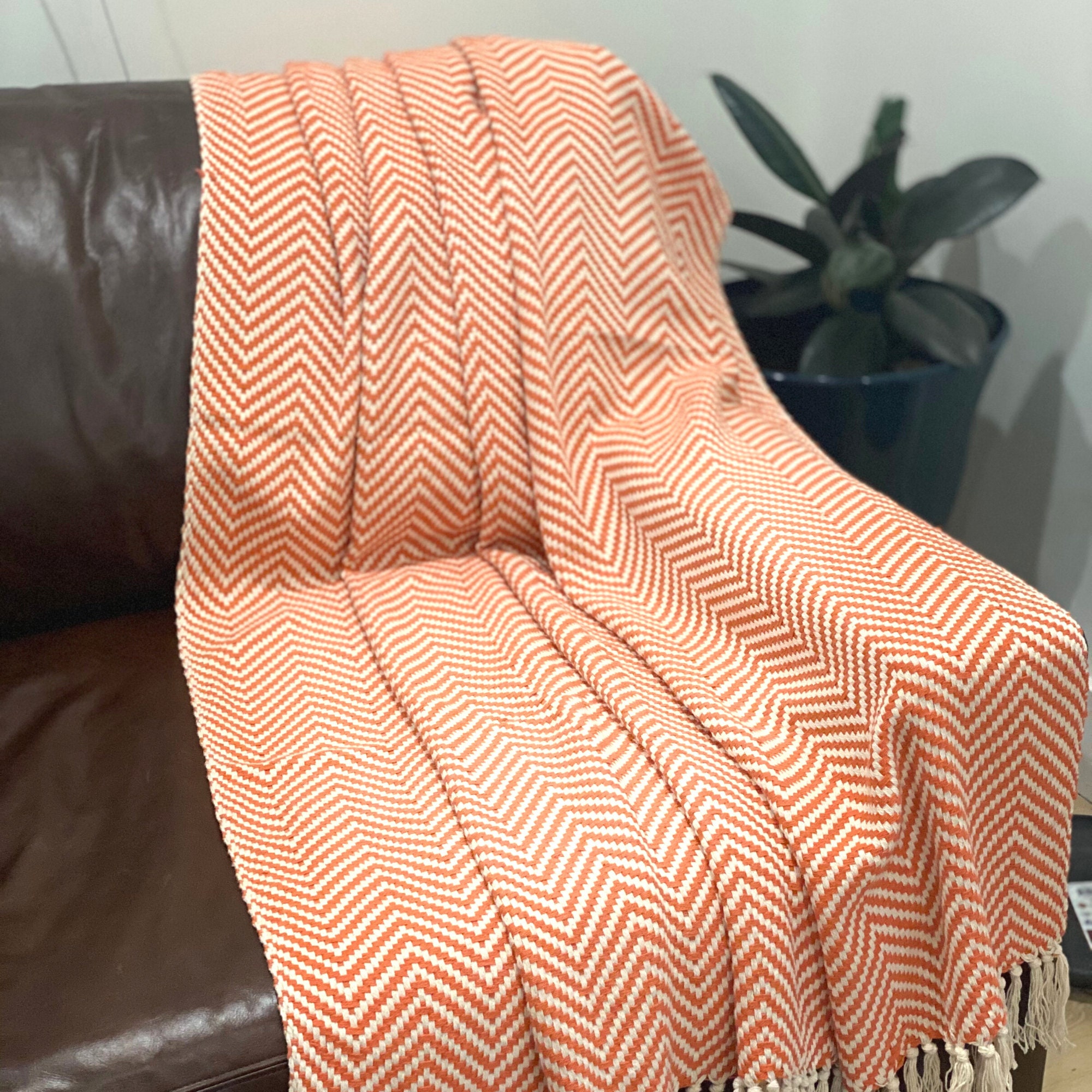 Orange herringbone Throw Cotton Orange Blanket ThrowChevron Etsy