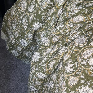 Floral Green Kantha Quilt – Hand Block Print Indian Cotton Bedding (King Size) image 7