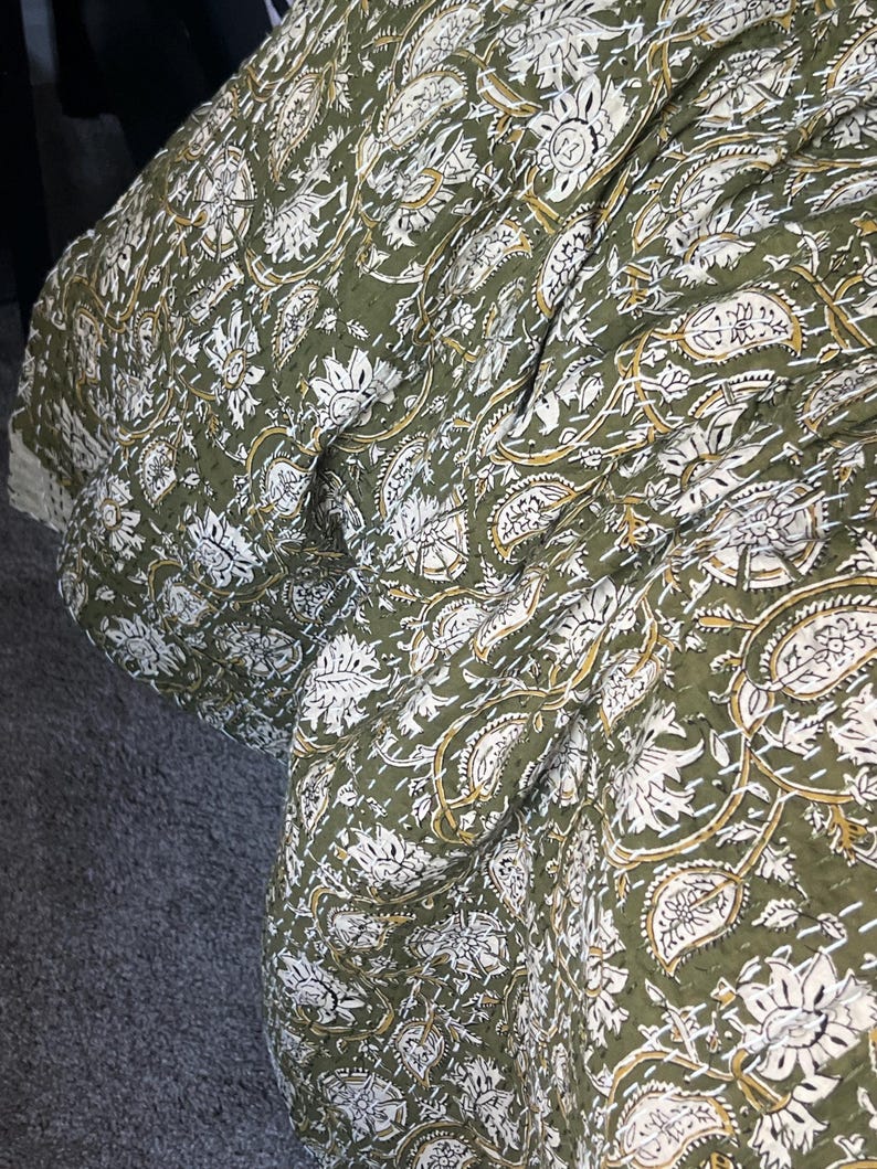 Floral Green Kantha Quilt – Hand Block Print Indian Cotton Bedding (King Size) image 7
