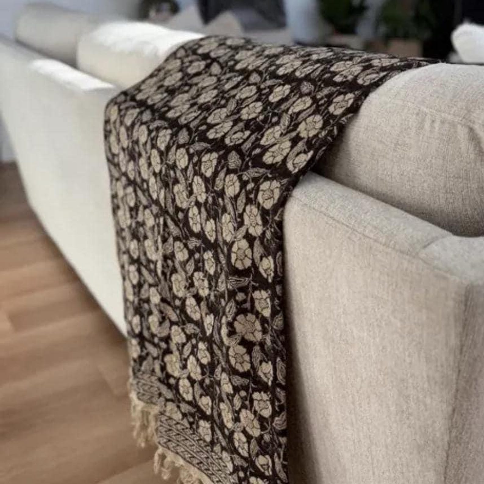 Hand Block Print Cotton Throw Blanket: Black Floral Boho Sofa Decor - 50x70" Sofa throw