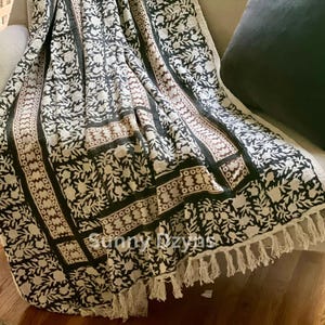 Hand Block Print Cotton Throw Blanket with Fringe – Modern Farmhouse Monochrome Sofa Bed Cover image 4