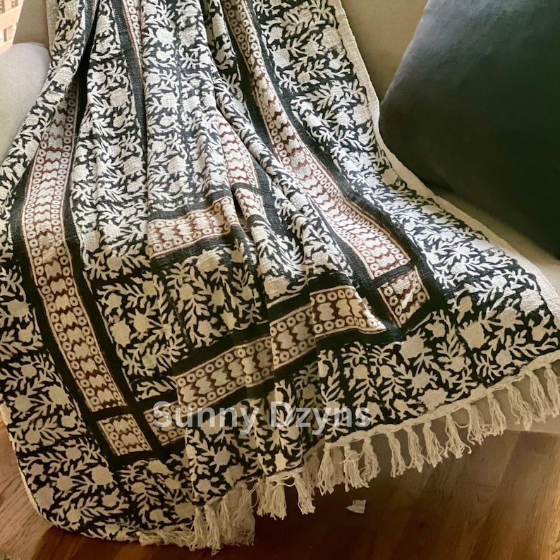 Hand Block Print Cotton Throw Blanket with Fringe – Modern Farmhouse Monochrome Sofa Bed Cover image 4