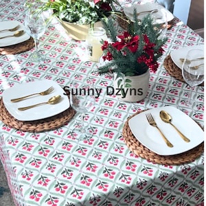 Red Floral Block Print Tablecloth – 100% Cotton, Outdoor Dining Decor
