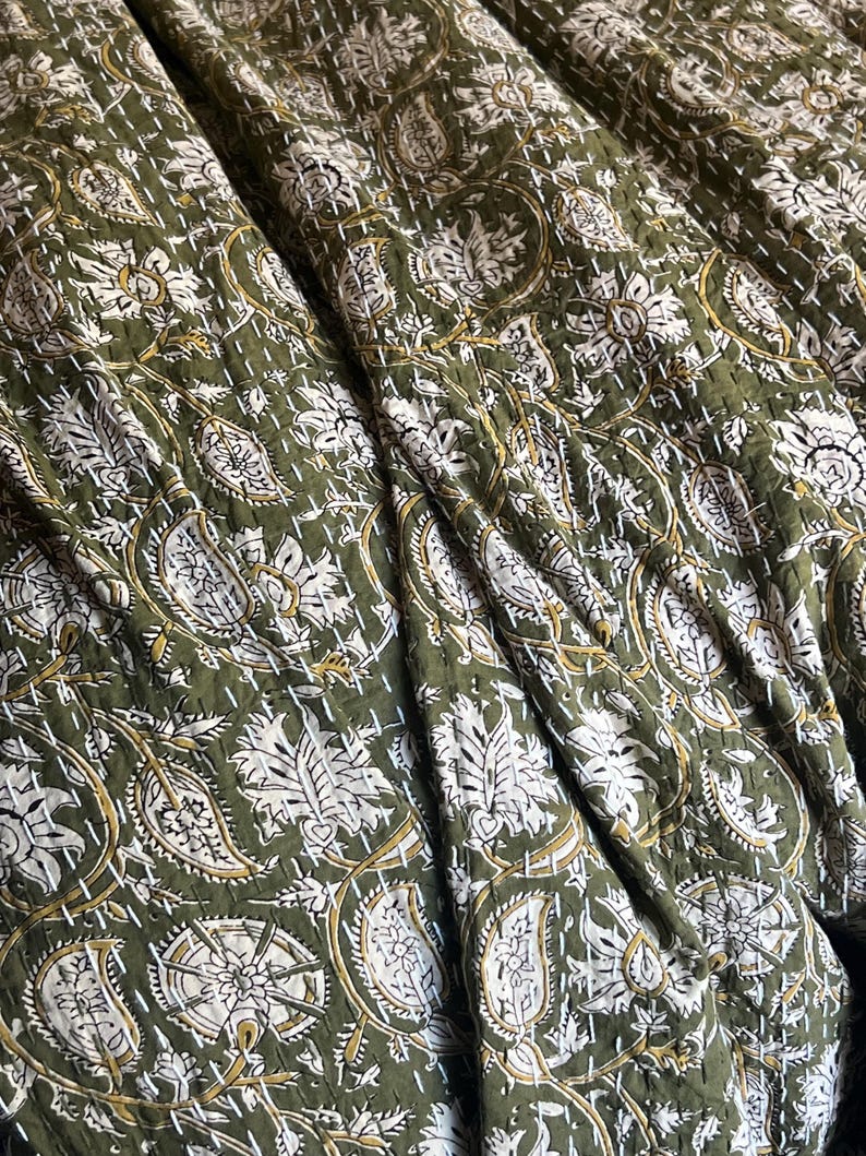 Floral Green Kantha Quilt – Hand Block Print Indian Cotton Bedding (King Size) image 6