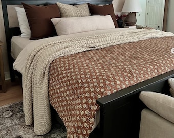 Brown Cotton bedding kantha throw blanket Hand block print quilt Handmade cotton quilted coverlet for summer Unique gift for home