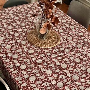Rec Block Print Tablecloth, Tablecloth, Christmas Tablecloth Rectangle, Cotton Boho Red Floral Table Scape, Holiday/Christmas Decor