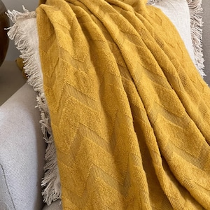 Mustard Yellow Knit Throw Blanket: Boho Fringe, 50x60 Cozy Decor
