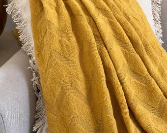Cozy knitted throw for fall decor, Yellow mustard sofa throw, Knitted Blanket, 50x60, Cozy throw for couch, Cozy gift for her